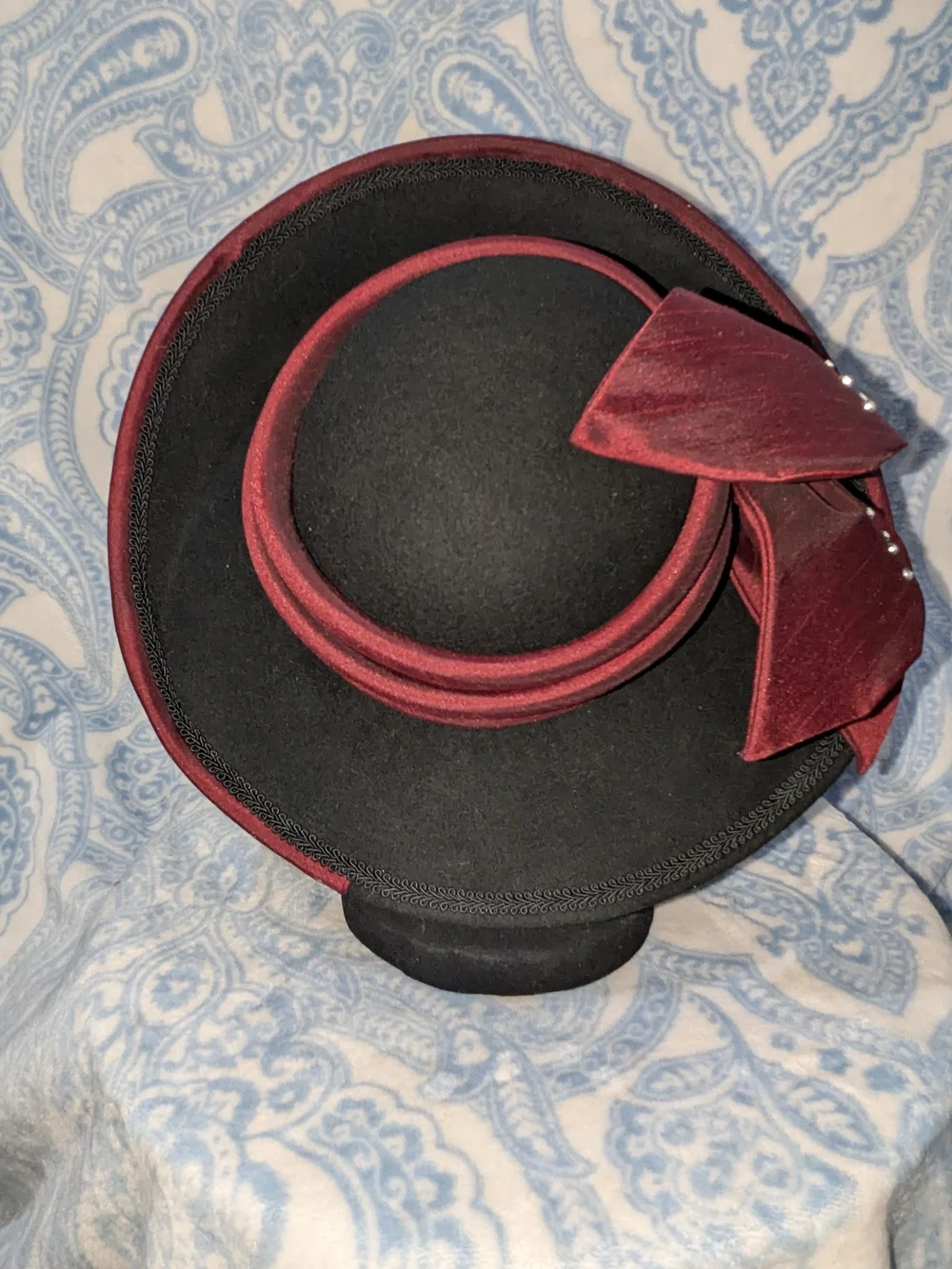 Women’s Burgundy Satin-Topped Black Beret with Rhinestone Trim